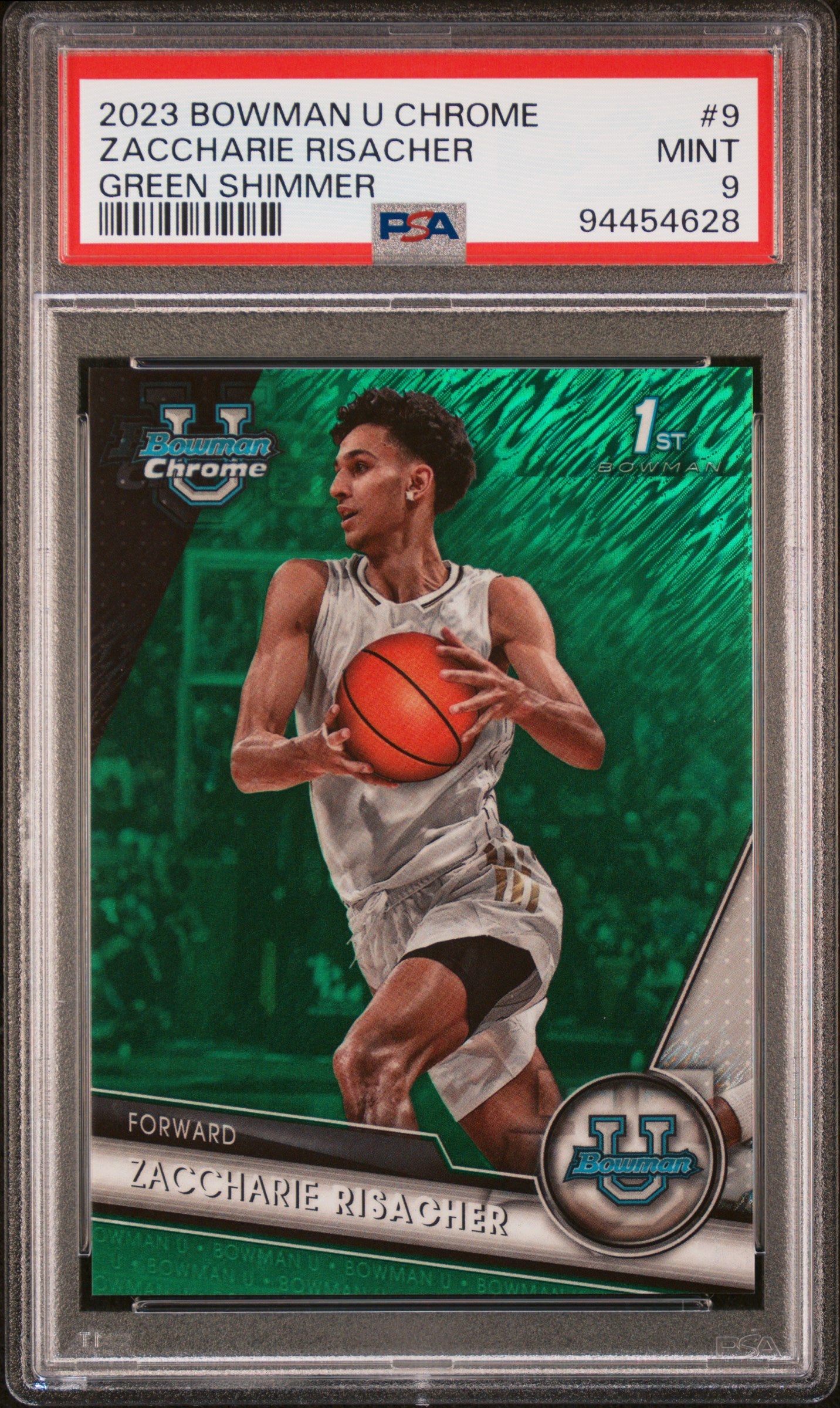 2023 Bowman University Chrome #9 Zaccharie Risacher Green Shimmer PSA 9