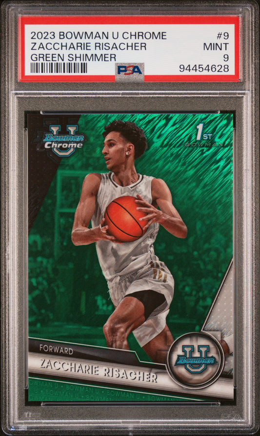 2023 Bowman University Chrome #9 Zaccharie Risacher Green Shimmer PSA 9
