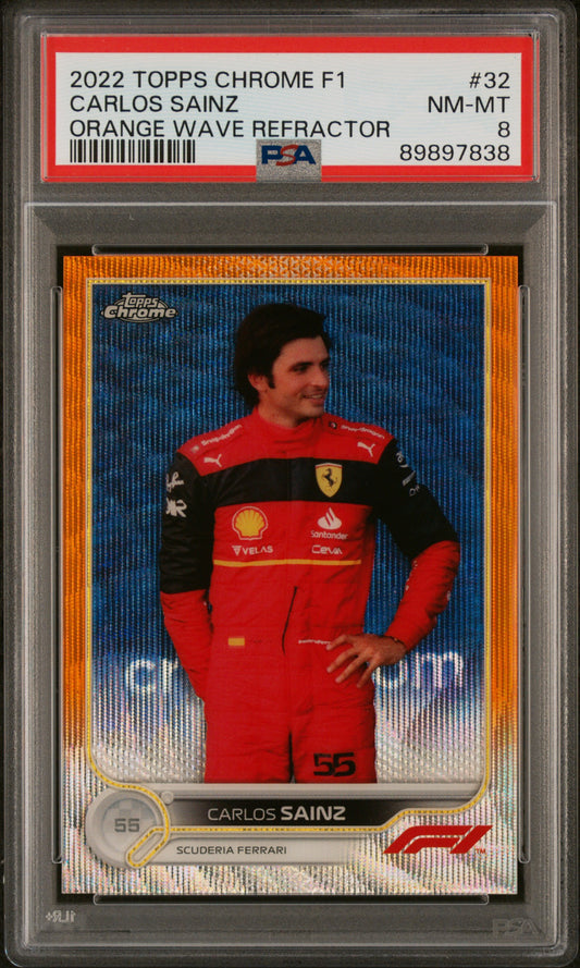 2022 Topps Chrome Formula 1 #32 Carlos Sainz Orange Wave Refractor PSA 8