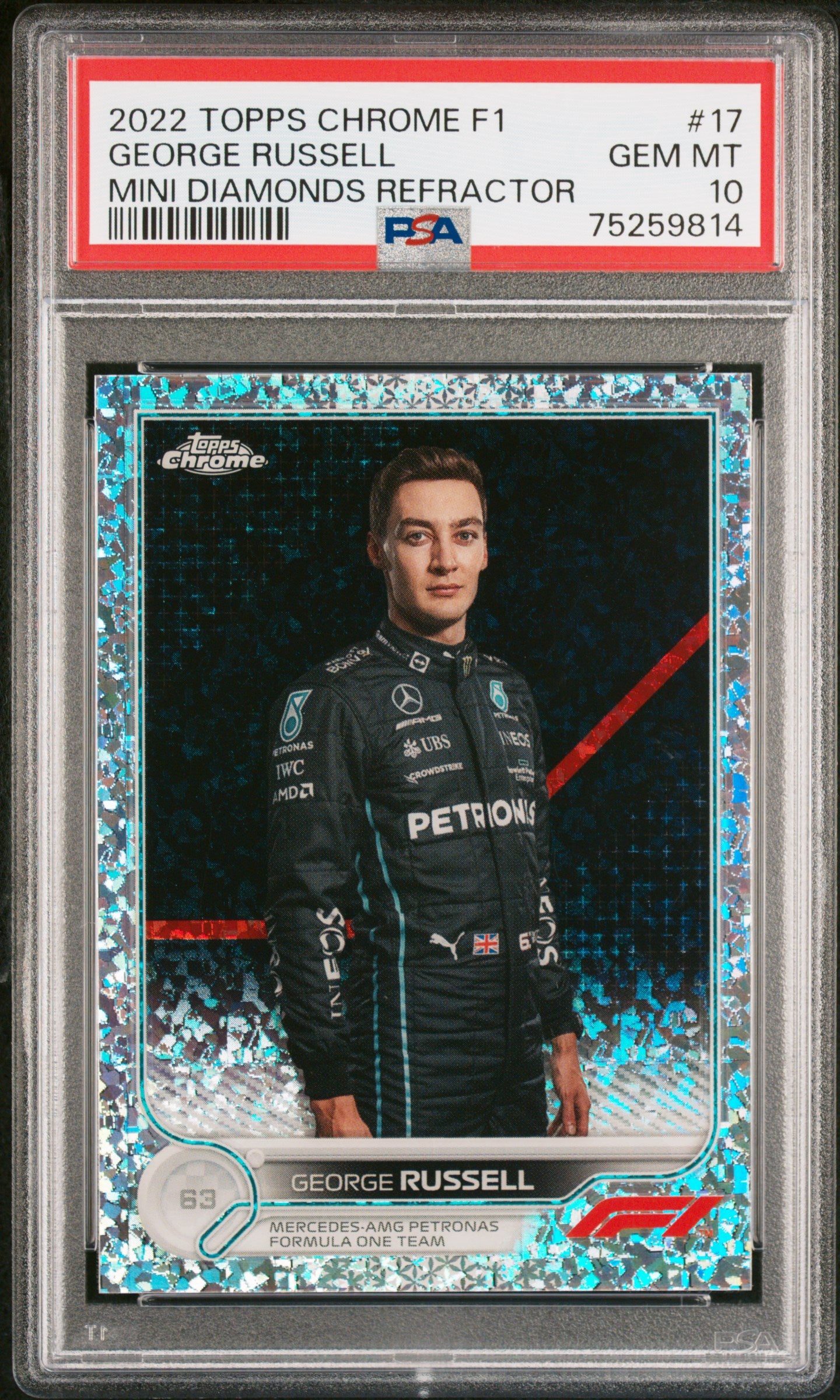 2022 Topps Chrome Formula 1 #17 George Russell Mini Diamonds Refractor PSA 10
