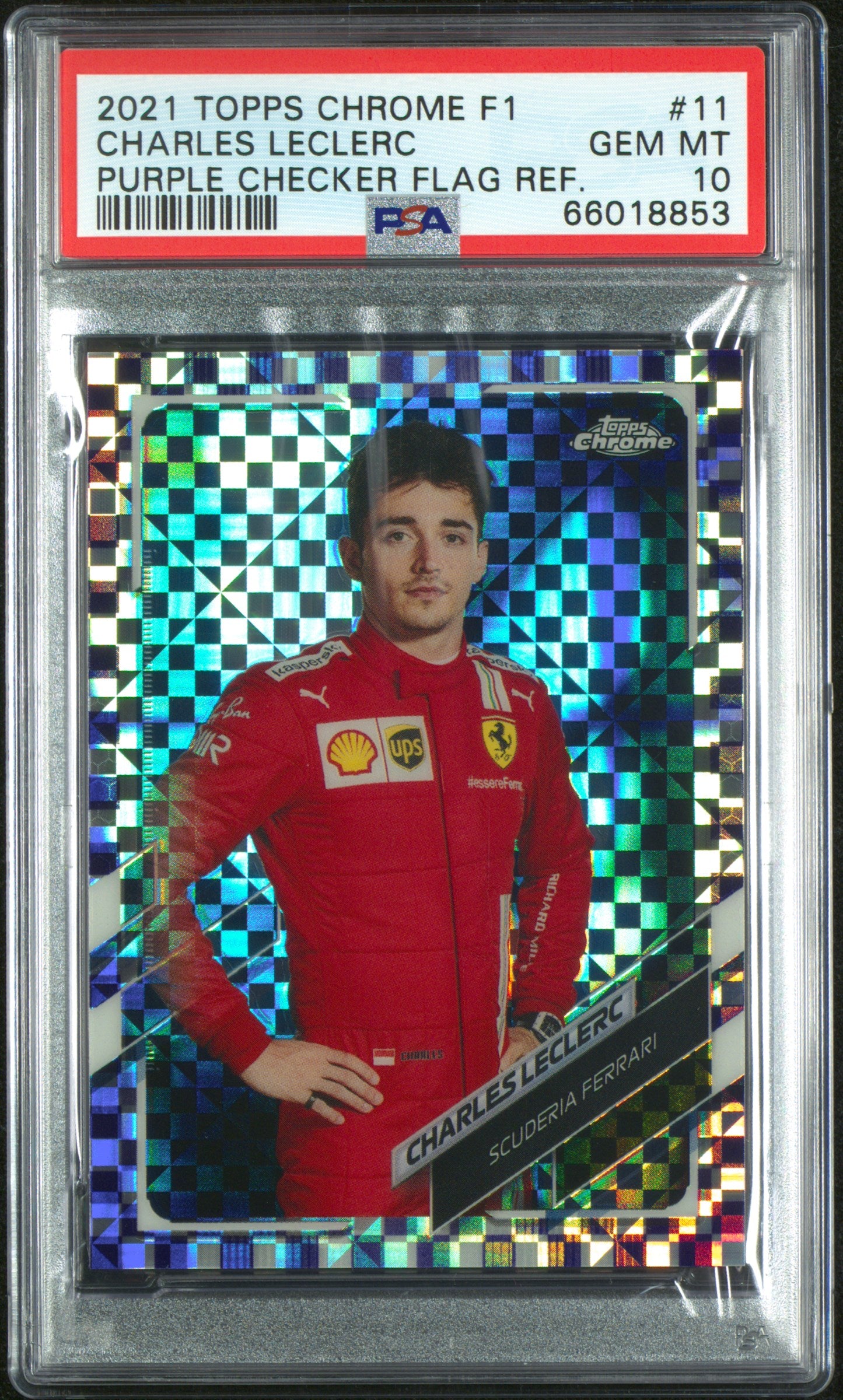 2021 Topps Chrome Formula 1 #11 Charles Leclerc Purple Checker Flag Ref. PSA 10