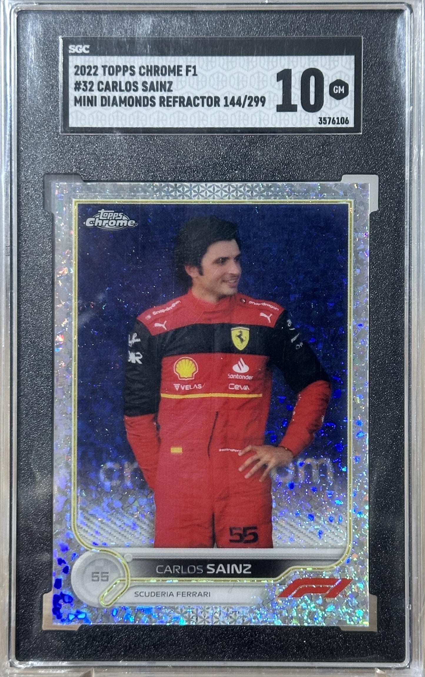 2022 TOPPS CHROME F1 #32 CARLOS SAINZ MINI DIAMONDS REFRACTOR /299 SGC 10