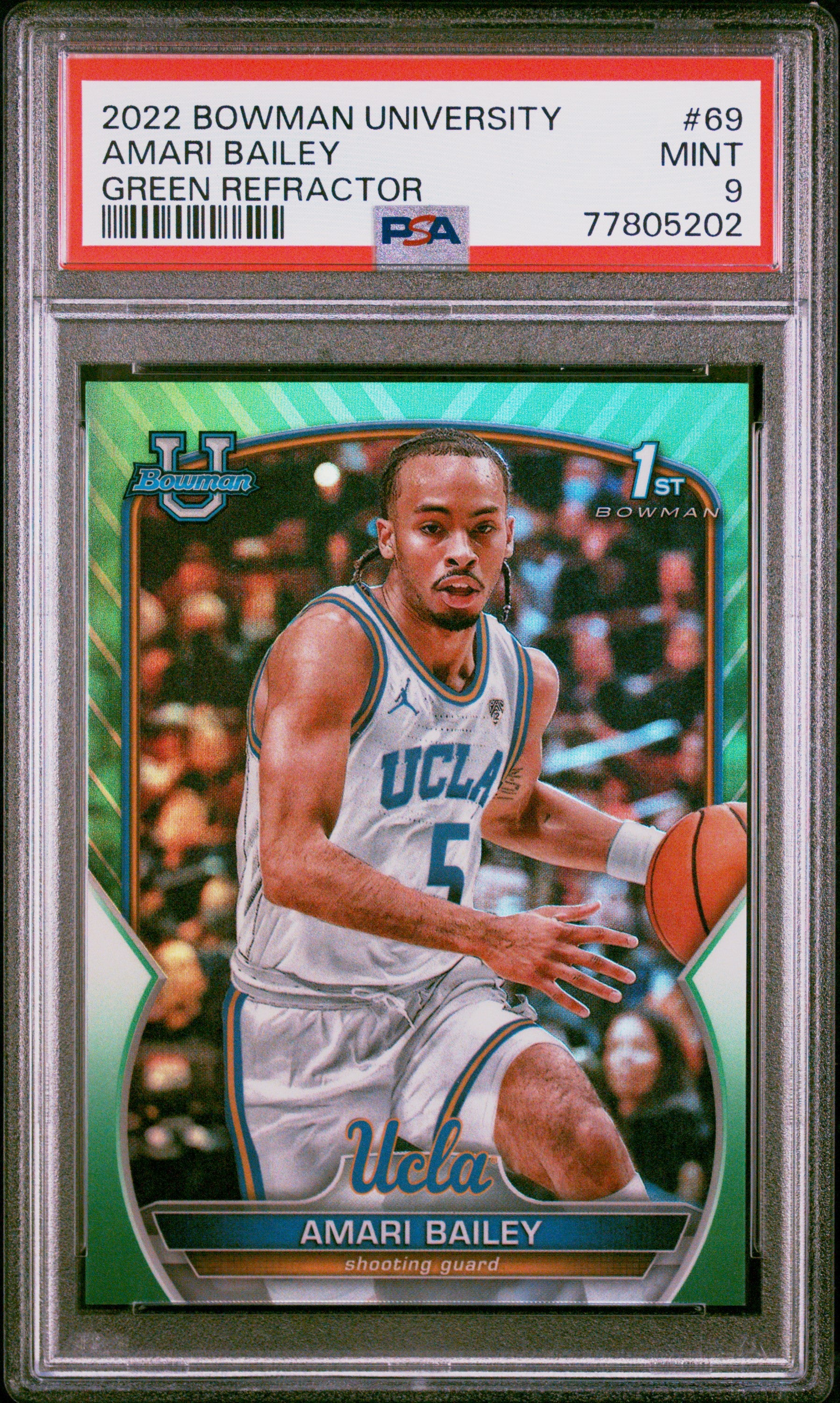 2022 Bowman Chrome University #69 Amari Bailey Green Refractor PSA 9