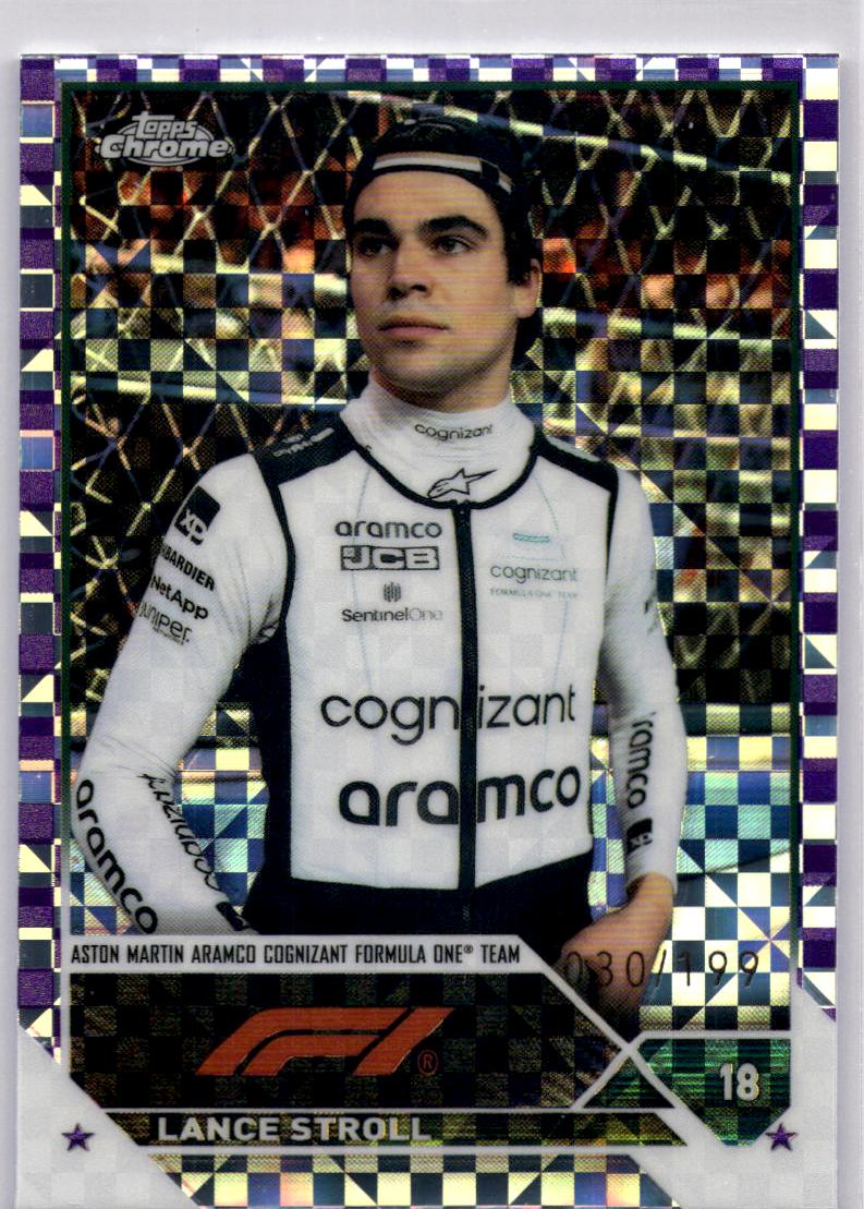 2023 Topps Chrome Formula 1 #44 Lance Stroll Purple Checker Flag X-fractor #/199