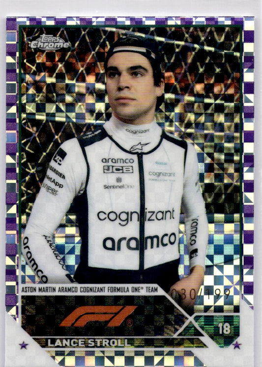 2023 Topps Chrome Formula 1 #44 Lance Stroll Purple Checker Flag X-fractor #/199