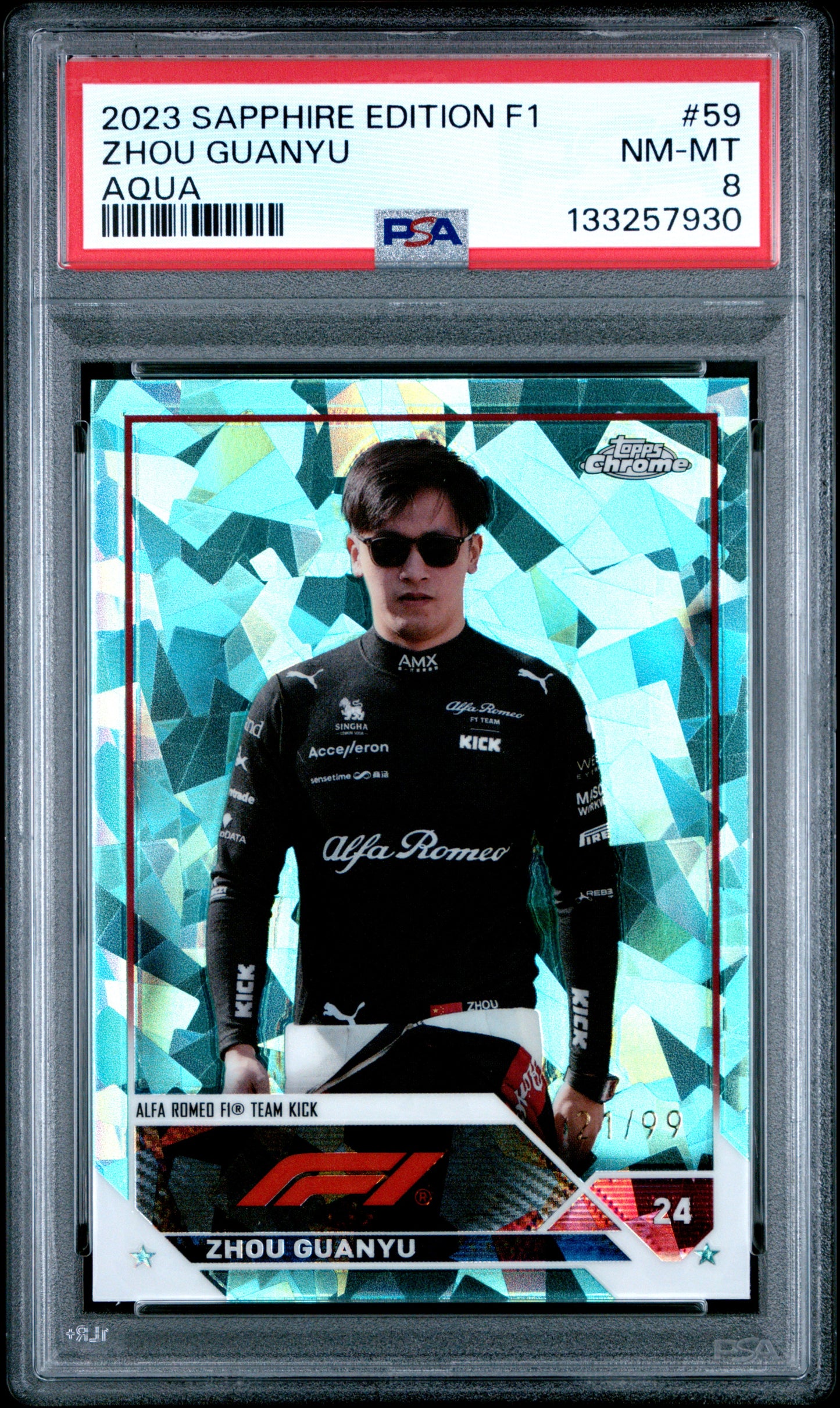 2023 Topps Chrome Formula 1 Sapphire #59 Zhou Guanyu Aqua /99 PSA 8