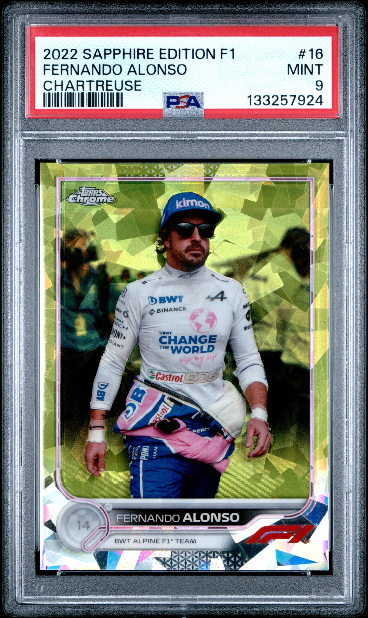 2022 Topps Chrome Formula 1 Sapphire #16 Fernando Alonso Chartreuse /199 PSA 9