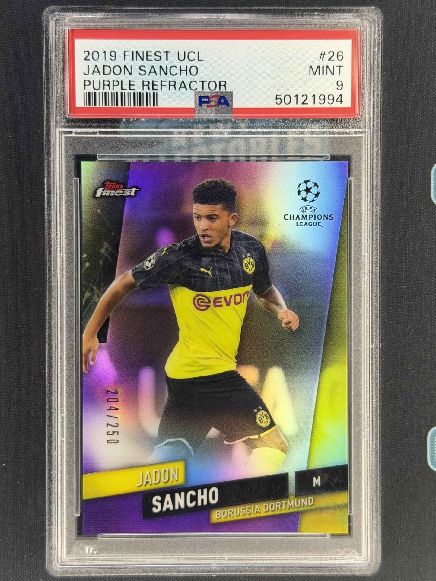 2019 Finest Uefa Champions League #26 Jadon Sancho Purple Refractor PSA 9