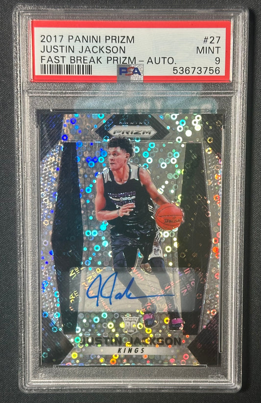 2017 Panini Prizm #27 Justin Jackson Fast Break Prizm-Auto. PSA 9