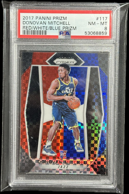 2017 Panini Prizm #117 Donovan Mitchell Red/White/Blue Prizm PSA 8