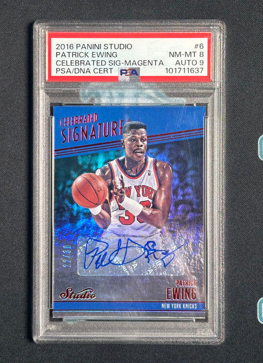 2016-17 Panini Studio #6 Patrick Ewing Celebrated Signatures Magenta PSA 8 #/30