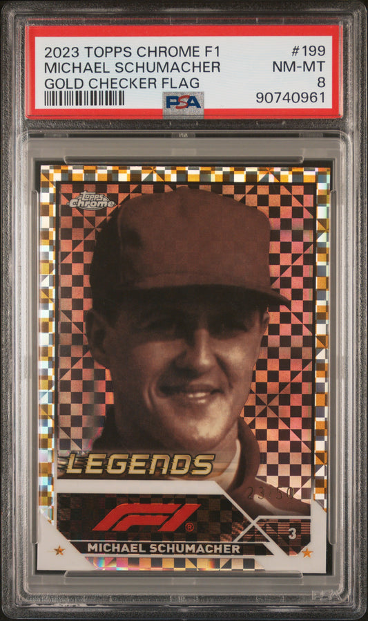 2023 Topps Chrome Formula 1 #199 Michael Schumacher Gold Checker Flag Ref PSA 8