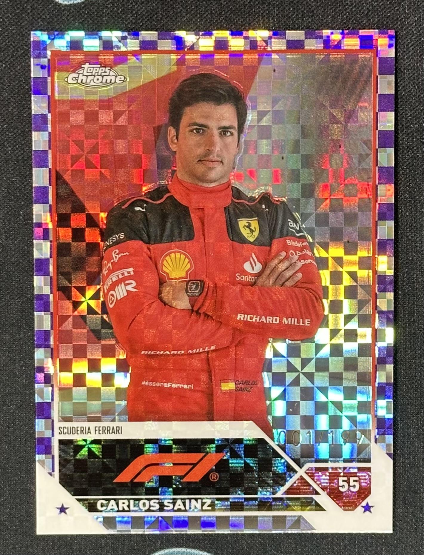 2023 Topps Chrome Formula 1 #18 Carlos Sainz Purple Checker Flag X-Fractor #/199