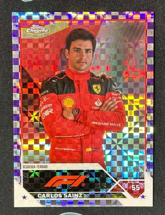 2023 Topps Chrome Formula 1 #18 Carlos Sainz Purple Checker Flag X-Fractor #/199