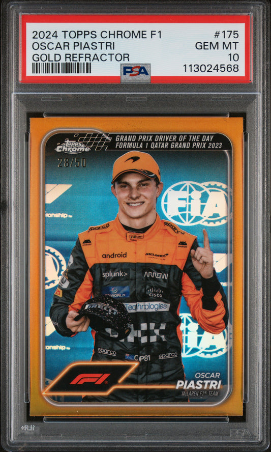 2024 Topps Chrome Formula 1 #175 Oscar Piastri Gold Refractor PSA 10 /50