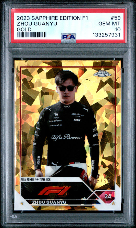 2023 Topps Chrome Formula 1 Sapphire #59 Zhou Guanyu Gold /50 PSA 10