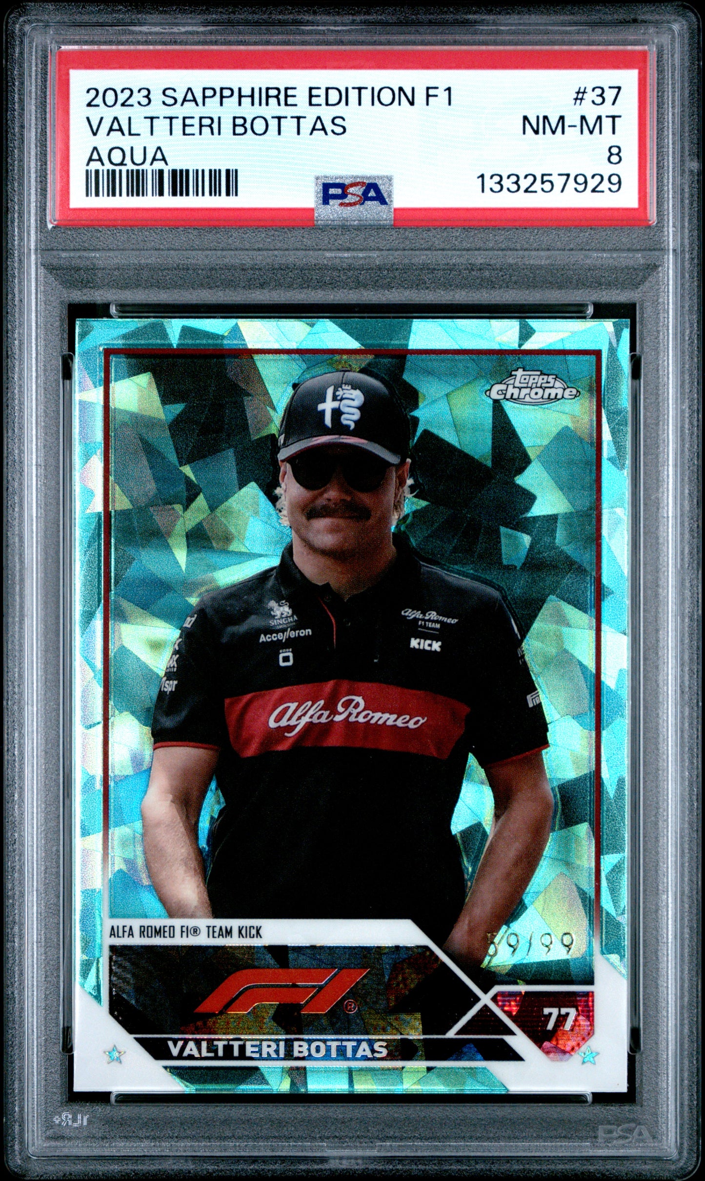 2023 Topps Chrome Formula 1 Sapphire #37 Valtteri Bottas Aqua /99 PSA 8