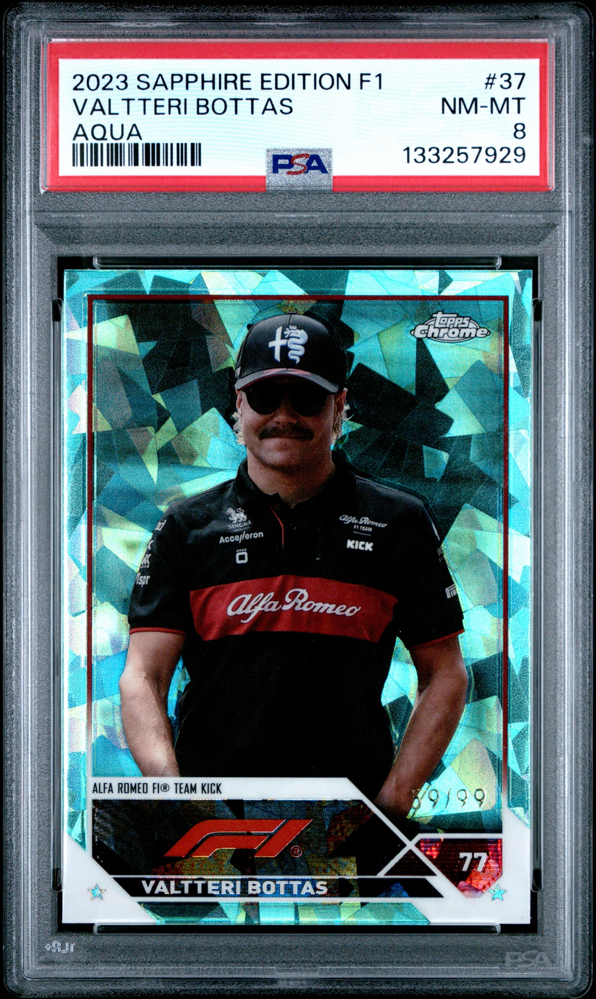 2023 Topps Chrome Formula 1 Sapphire #37 Valtteri Bottas Aqua /99 PSA 8