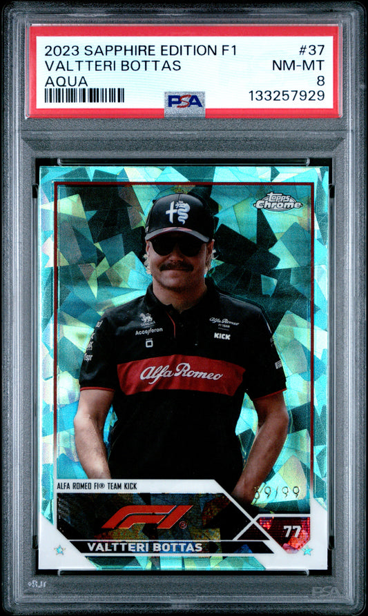 2023 Topps Chrome Formula 1 Sapphire #37 Valtteri Bottas Aqua /99 PSA 8