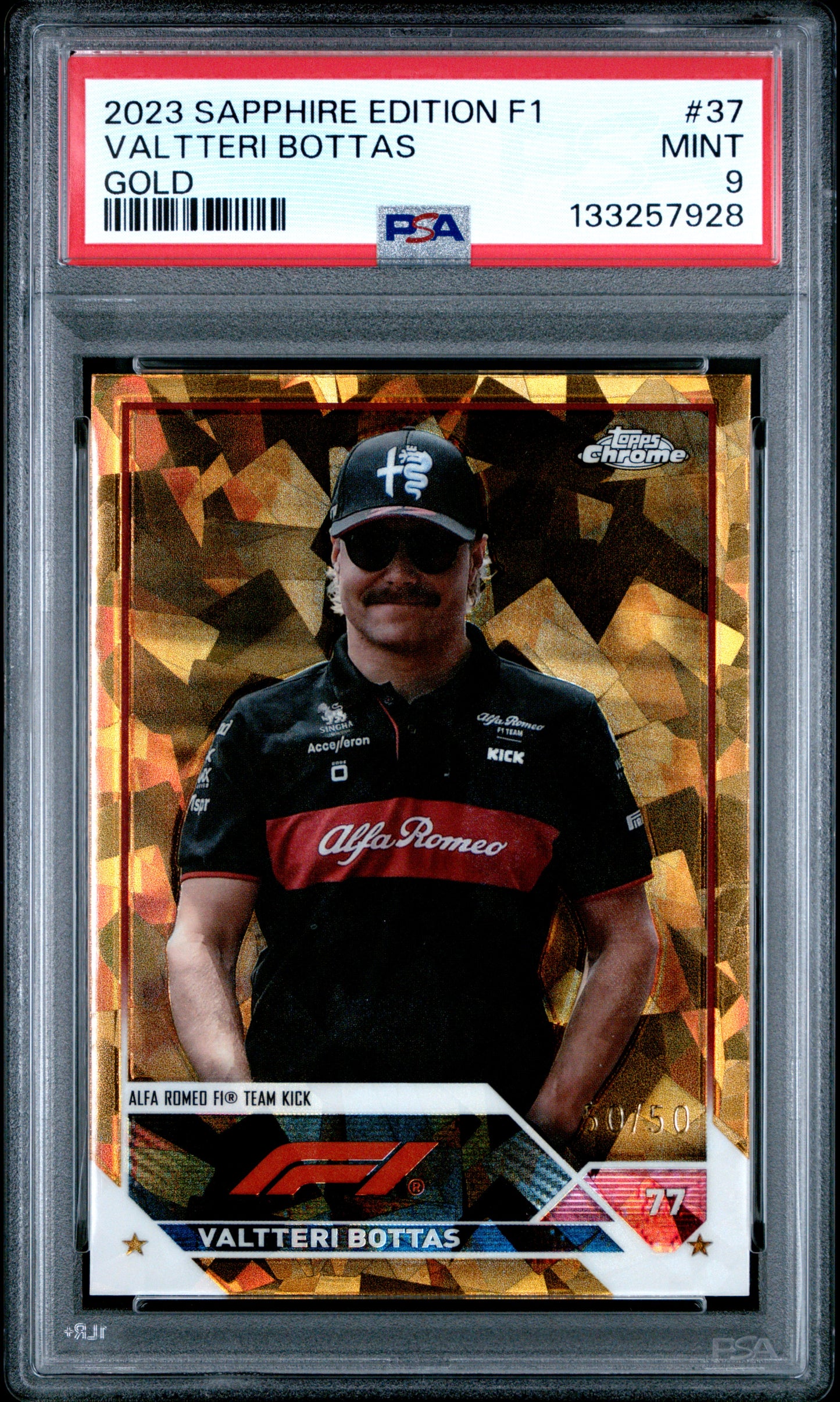 2023 Topps Chrome Formula 1 Sapphire #37 Valtteri Bottas Gold /50 PSA 9