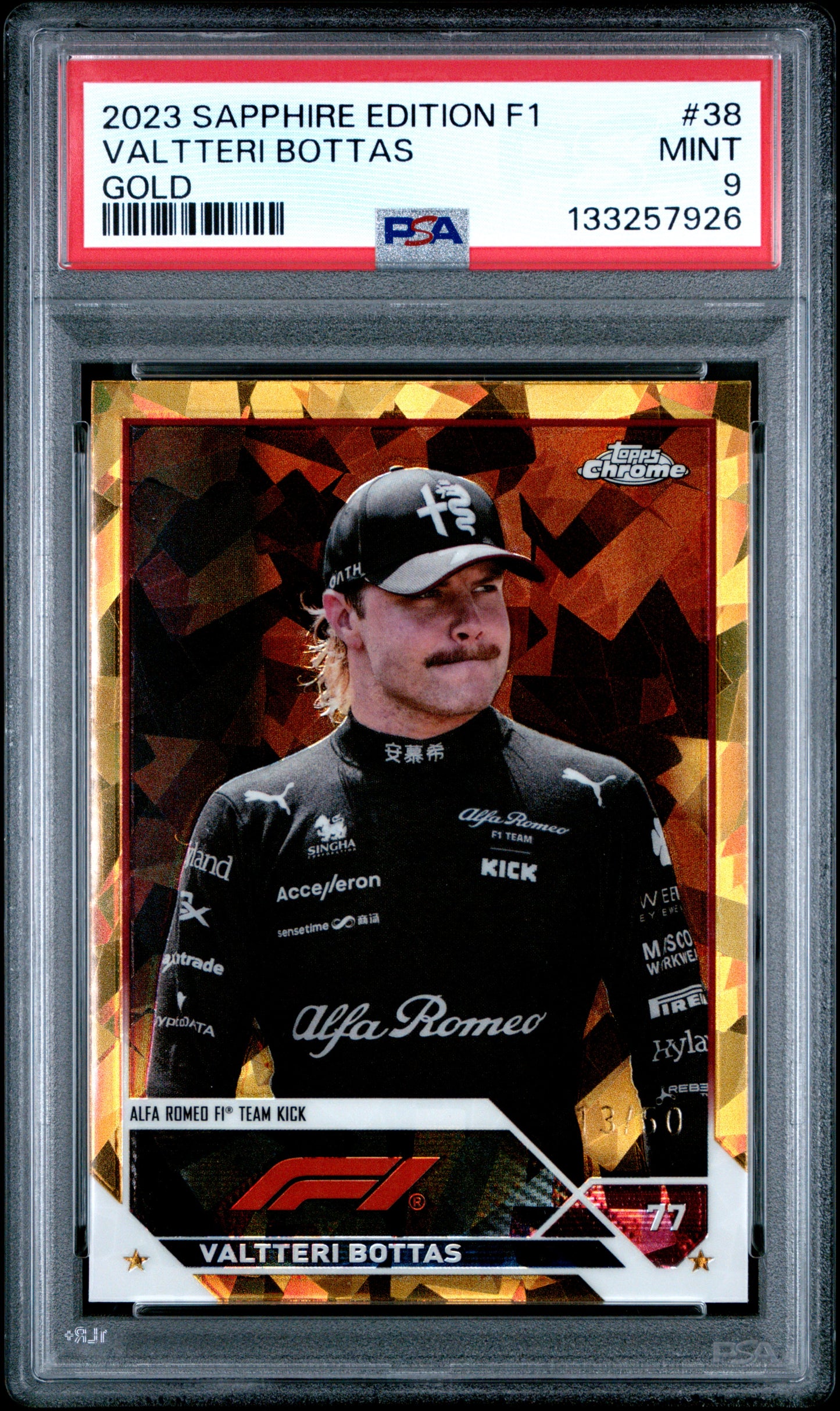 2023 Topps Chrome Formula 1 Sapphire #38 Valtteri Bottas Gold /50 PSA 9
