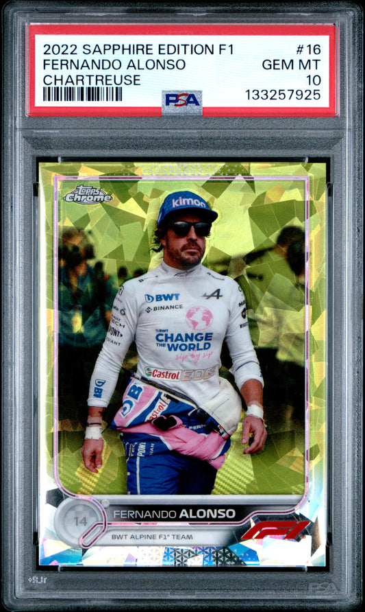 2022 Topps Chrome Formula 1 Sapphire #16 Fernando Alonso Chartreuse /199 PSA 10