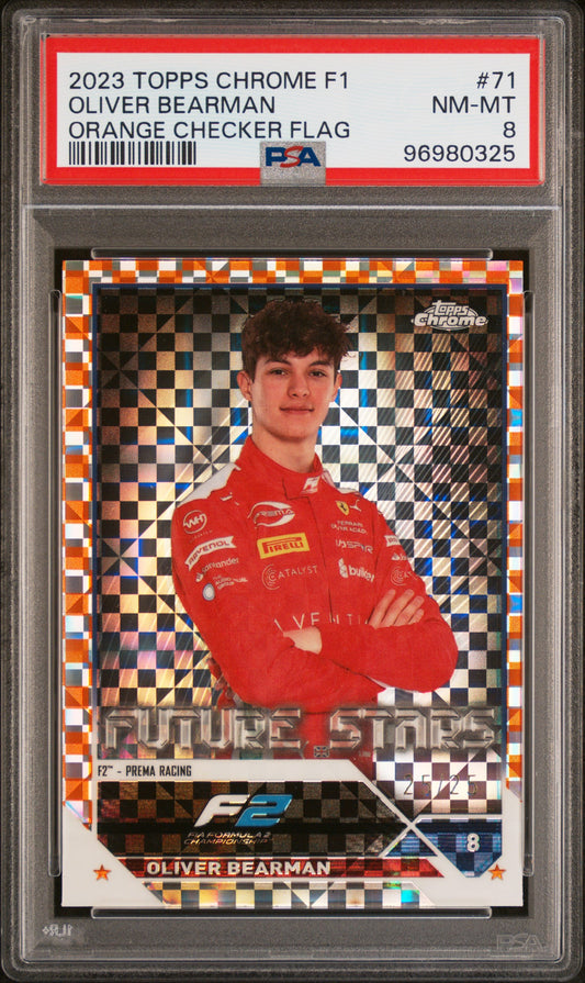 2023 Topps Chrome Formula 1 #71 Oliver Bearman Orange Checker Flag Ref PSA 8