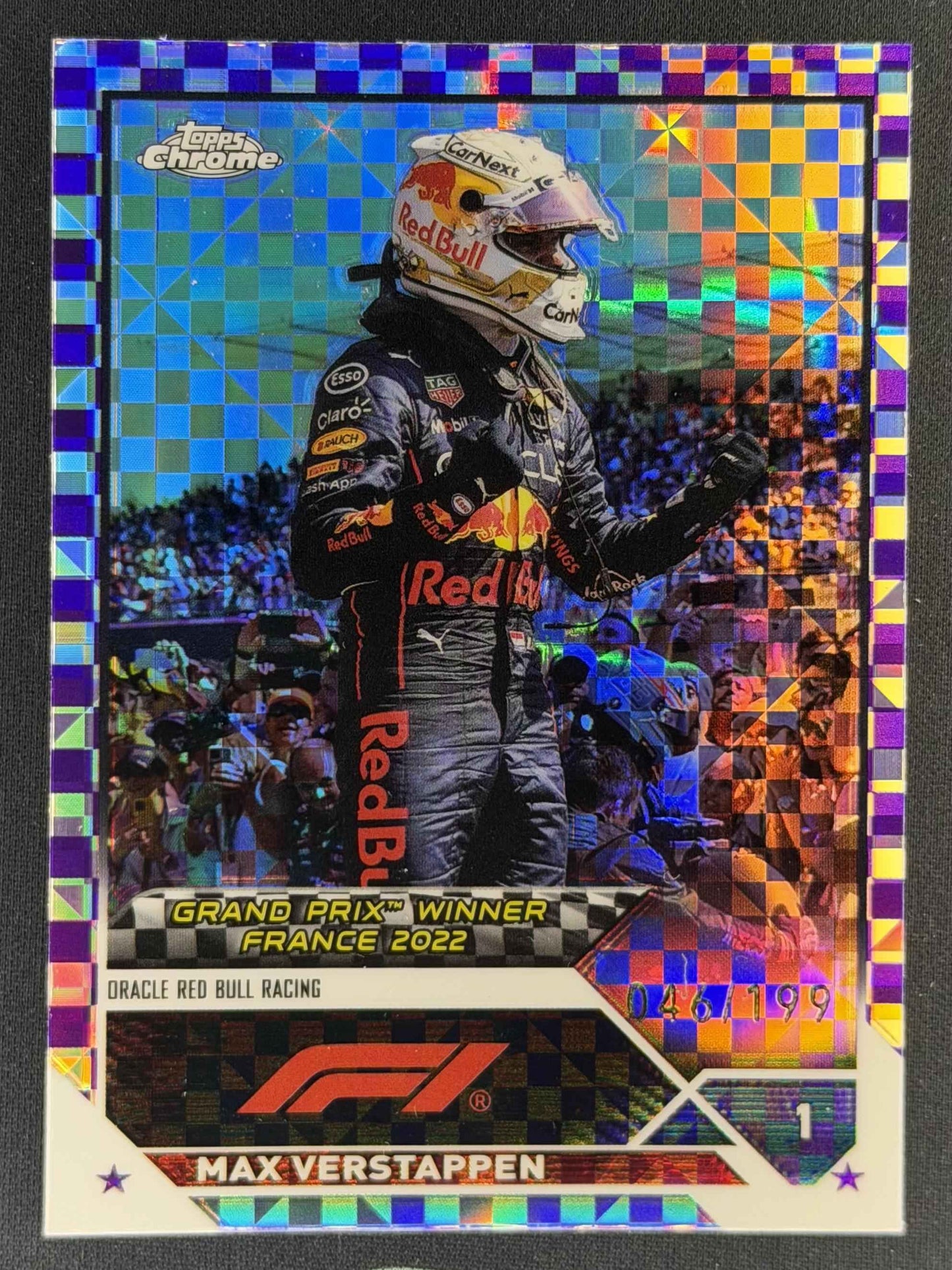2023 Topps Chrome Formula 1 Max Verstappen Purple Checker Flag X-Fractor /199